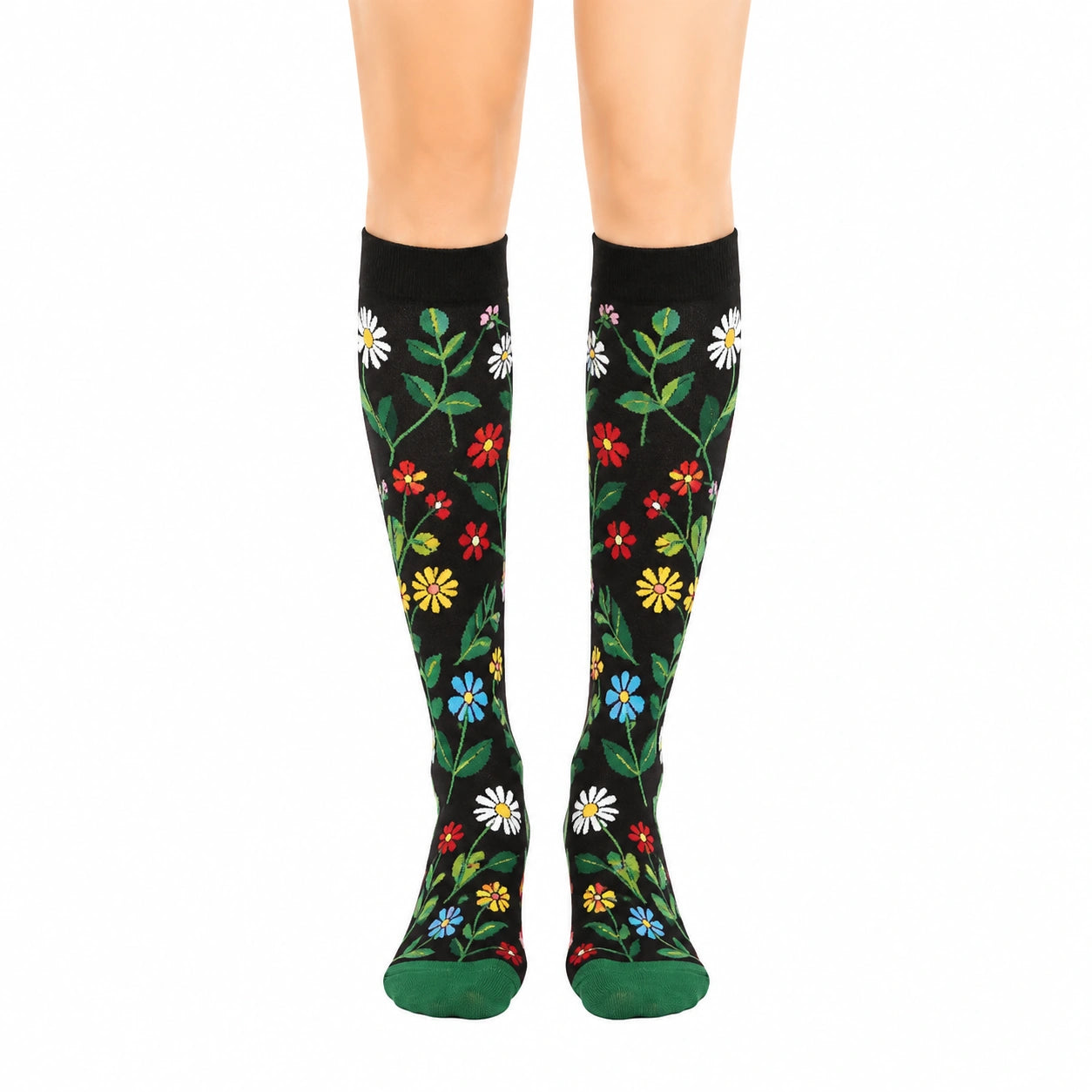 Calze alte 39-42 in tessuto elasticizzato nere con fiori stile floreale