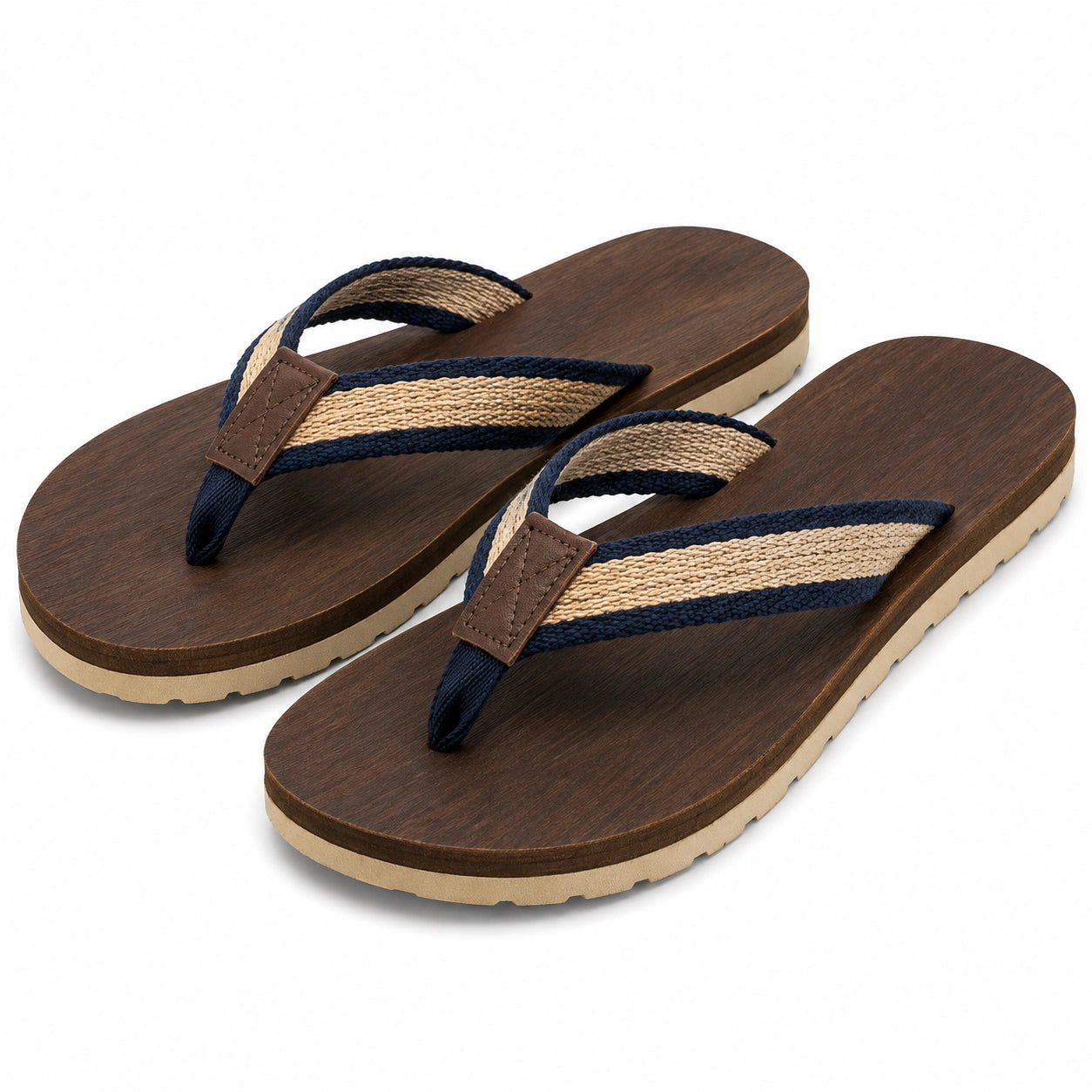 Infradito 42/43 marrone e blu in tessuto con suola effetto legno stile casual
